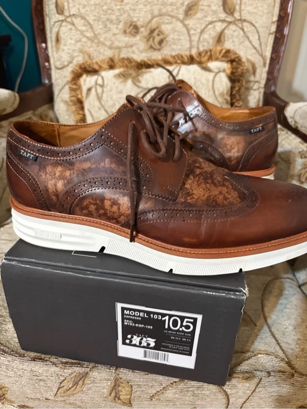 Taft Men's Brown Marbled Wingtip Derbys with White Sole